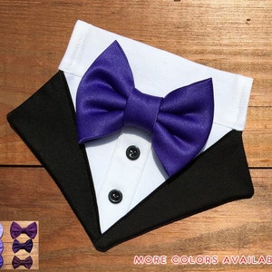Tuxedo Dog Bandana-Dog Tux-Purple Bow Tie Dog Tuxedo Bandana-Dog Wedding Attire-Wedding Dog Tuxedo-Dog Ring Bearer-Black Dog Tuxedo Bandana-