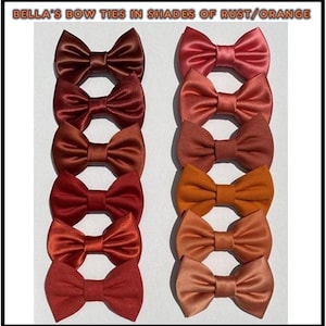 May include: Collection of satin bow ties in shades of rust and orange. The bow ties are arranged in two columns, showcasing a variety of colors from deep burgundy to a light peach. The text "BELLA'S BOW TIES IN SHADES OF RUST/ORANGE" is at the top.