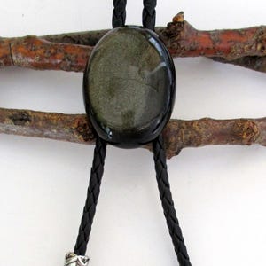 Golden-- Silver Obsidian Natural Stone Energy Pendant Western Naked Bolo Tie. Unisex Lariat Necklace. Genuine Leather. EB301 / EB469 / EB402