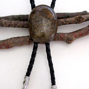 Bronzite Natural Stone Energy Pendant Western Naked Bolo Tie. Unisex Lariat Necklace. Genuine Leather.  EB708