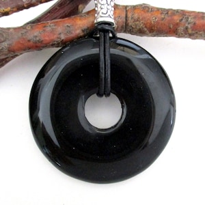 Black Agate Natural Gemstone Donut Energy Pendant Necklace 50mm. ED511 /  B / C - ED342