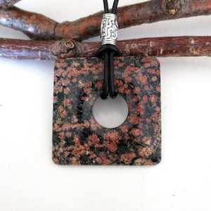 Red Snowflake Obsidian Natural Gemstone Square Donut Energy Pendant Necklace 40mm.  ED395 / A / B / C