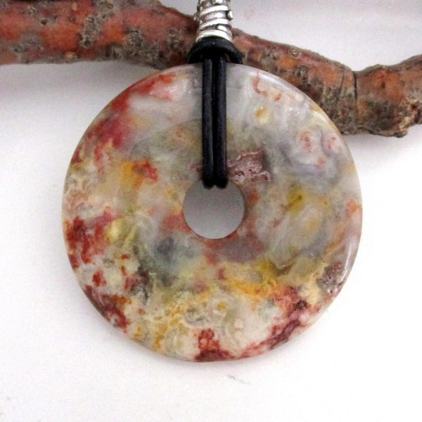 Yellow Crazy Lace Agate Natural Gemstone Donut Energy Pendant Necklace 40mm.  ED385-C / E / G / F