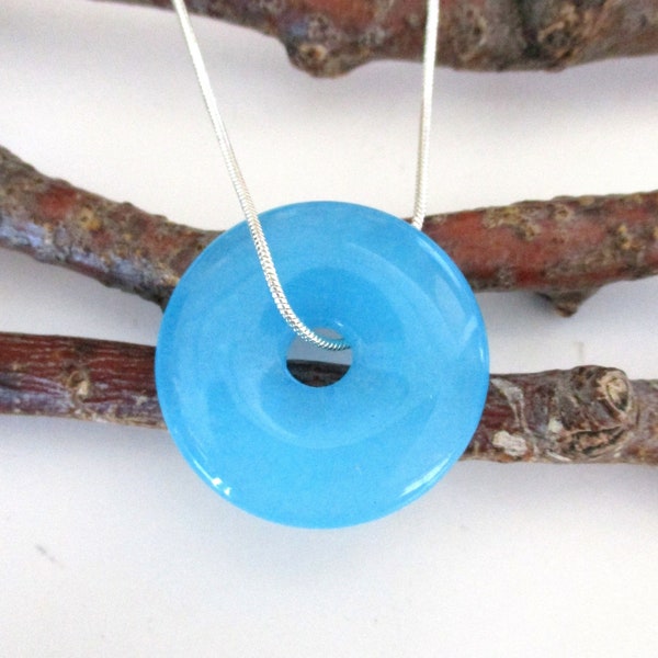 Aqua Blue Jade Natural Gemstone Donut Energy Pendant Necklace.  30mm.  ED646 / A