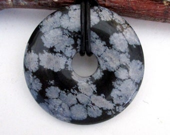 Snowflake Obsidian Natural Gemstone Donut Energy Pendant Necklace 40mm.  ED535-T / 3 / 4 / 6