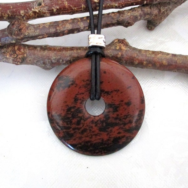 Mahogany Obsidian Natural Gemstone Donut Energy Pendant Necklace 40mm.   ED650-A / C / D / E