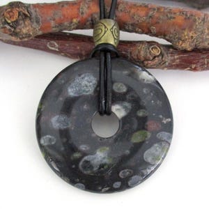 Flower Obsidian Natural Stone Donut Energy Pendant Necklace 40mm.  ED646