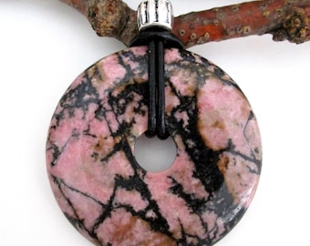 Rhodonite Natural Stone Donut Energy Pendant Necklace.  50mm  ED522 / ED310