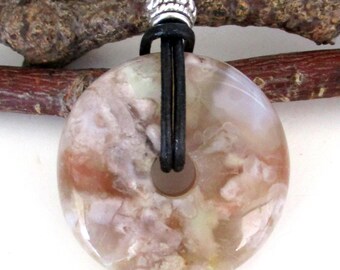 Sakura Blossom Agate Natural Stone Donut Energy Pendant Necklace 35-38-40mm. ED532
