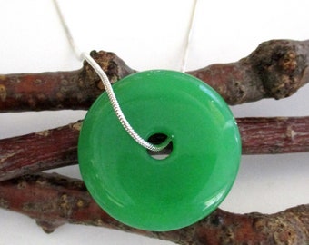 Green Jade Natural Gemstone Donut Energy Pendant Necklace.  30mm  ED515 / A