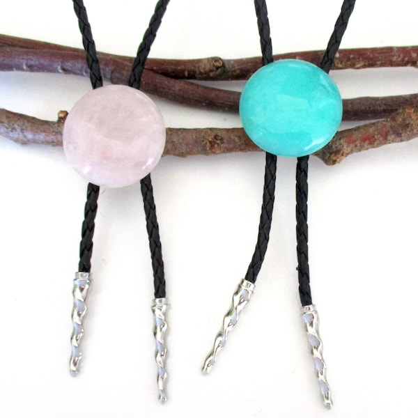 Rose Quartz  & Blue Jade Natural Gemstone Naked Western Bolo Tie / Lariat Necklace. Unisex. Round-Oval. Genuine Leather. EB340-A / EB369