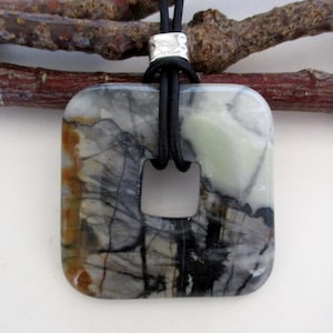 Picasso Jasper Natural Gemstone Square Donut Energy Pendant Necklace. 40mm.  ED482-B / G