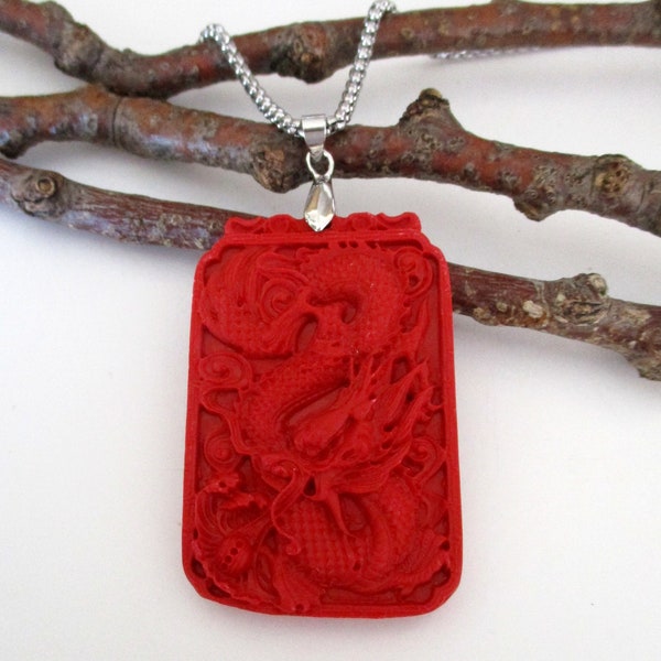 Gorgeous Cinnabar Carved Dragon / Phoenix Organic Gemstone Energy Pendant Necklace.  ER475 / ER667