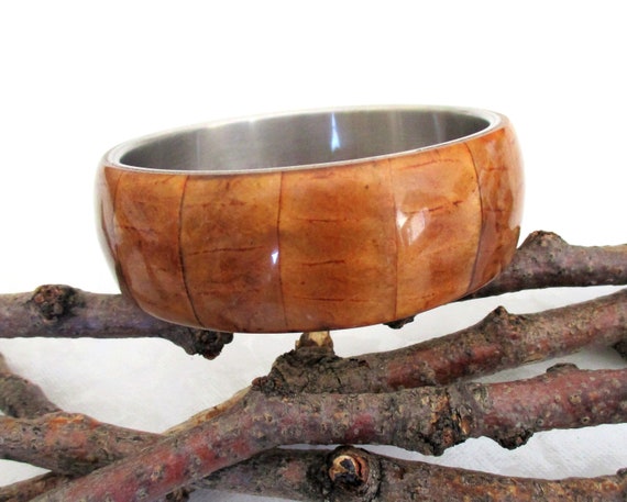 Vintage 1980’s.  Carved / Inlaid Brown Horn Bangl… - image 4