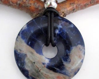 Sodalite Natural Stone Energy Donut Pendant Necklace 40mm.  ED567
