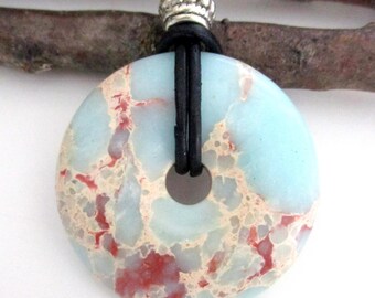 Snake Skin Jasper Natural Stone Donut Energy Pendant Necklace 35mm. ED379