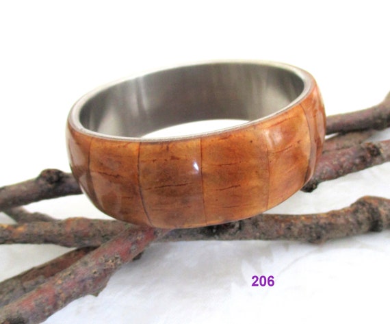 Vintage 1980’s.  Carved / Inlaid Brown Horn Bangl… - image 5