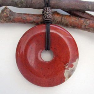 Red Jasper Natural Gemstone Donut Energy Pendant Necklace.  50mm  ED648-O / Q / R / S