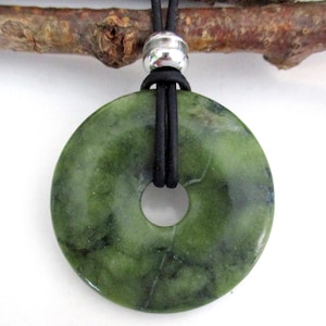 Green Jade Natural Stone Energy Donut Pendant Necklace 40mm.  ED332
