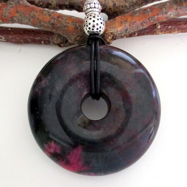 Big. Bold & Beautiful Peach Blossom Jade Natural Gemstone Donut Energy Pendant Necklace 50mm.  ED458-F / G / H / J