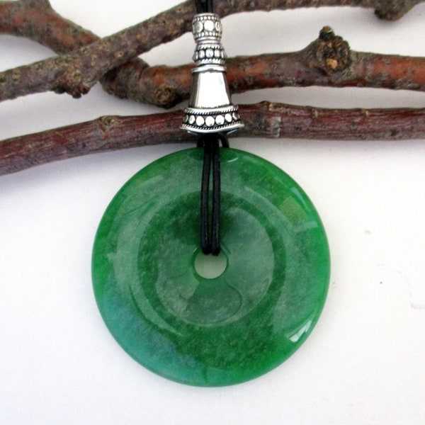 Green Jade Natural Gemstone Donut Energy Pendant Necklace.  55 - 45 mm  ED631 / A / ED608