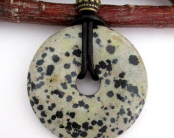 Dalmatian Jasper Natural Stone Donut Energy Pendant Necklace 40mm.  ED542