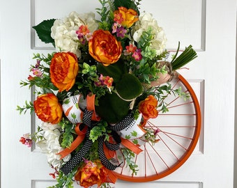 Spring Easter Bicycle Wheel Wreath Flowers for Front Door, Spring Bike Wreath, Hydrangeas and Peonies, Bike wheel wreath, Easter Bunny Bike,