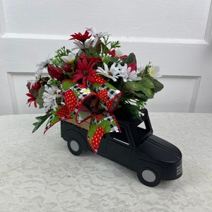 Black Truck Centerpiece, farmhouse truck centerpiece, Strawberry centerpiece, summertime arrangement, country kitchen table decor,