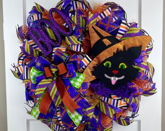 Halloween Black Cat Witch Wreath