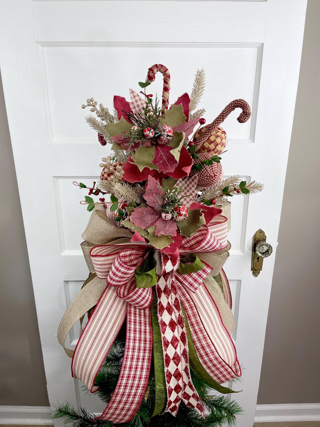 Realtor Tree Topper Rustic Farmhouse Tree Topper With Olive Green and Deep Red Poinsettias ...