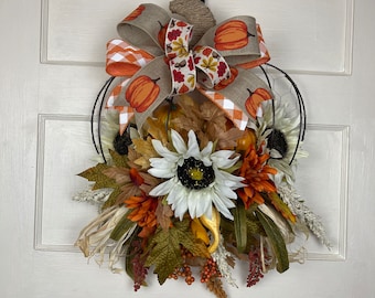 Fall Pumpkin Wreath with White Sunflowers