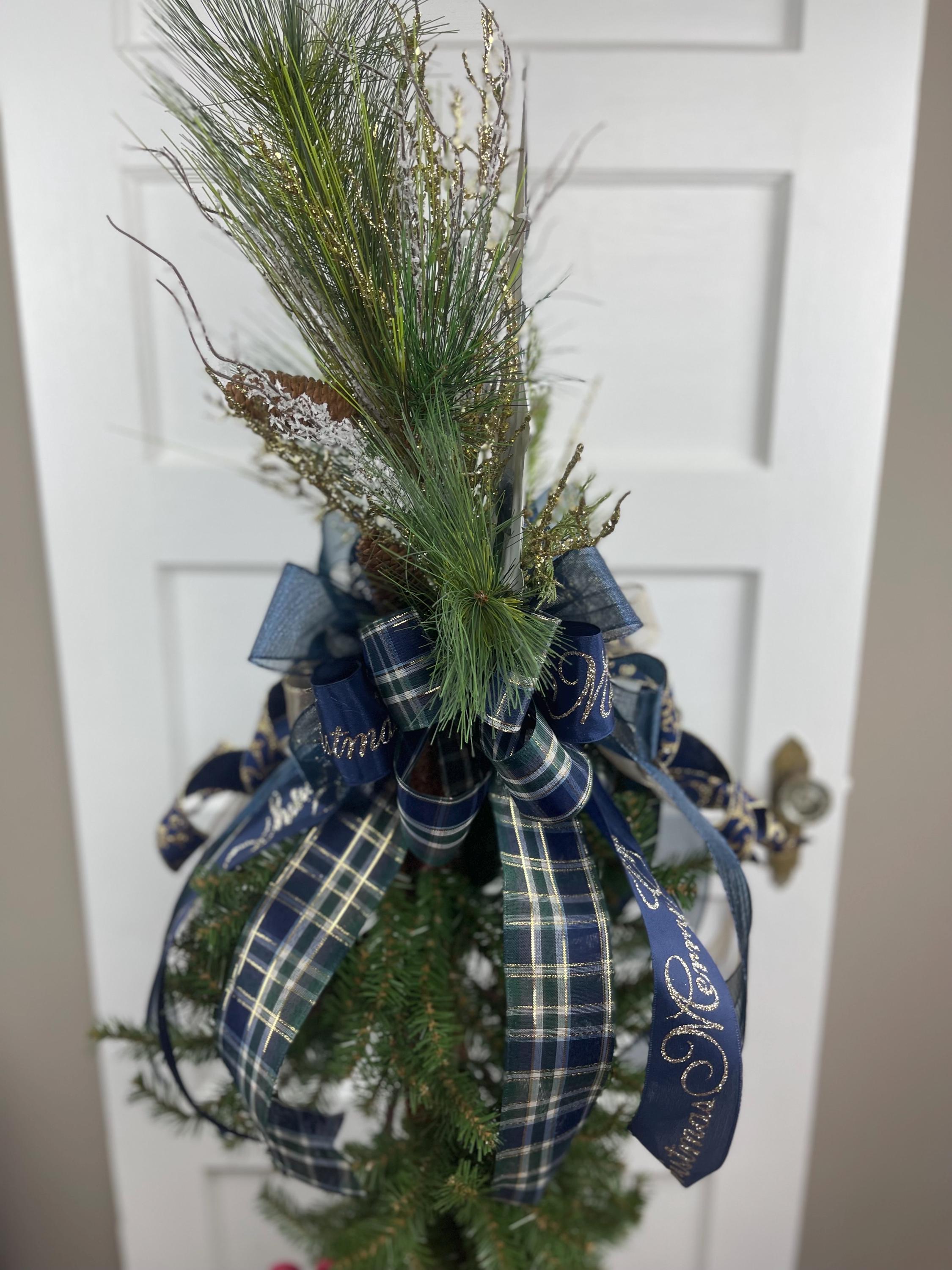 Navy Blue and Gold Tree Topper With White Church, Two Bows (front ...