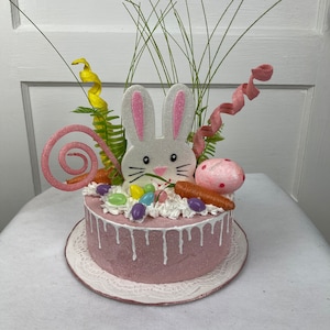 Pink Bunny Fake Cake Centerpiece, Easter Bunny Rabbit with Easter Eggs and Carrots, Easter Fake cake, fake food, party decor, faux food prop