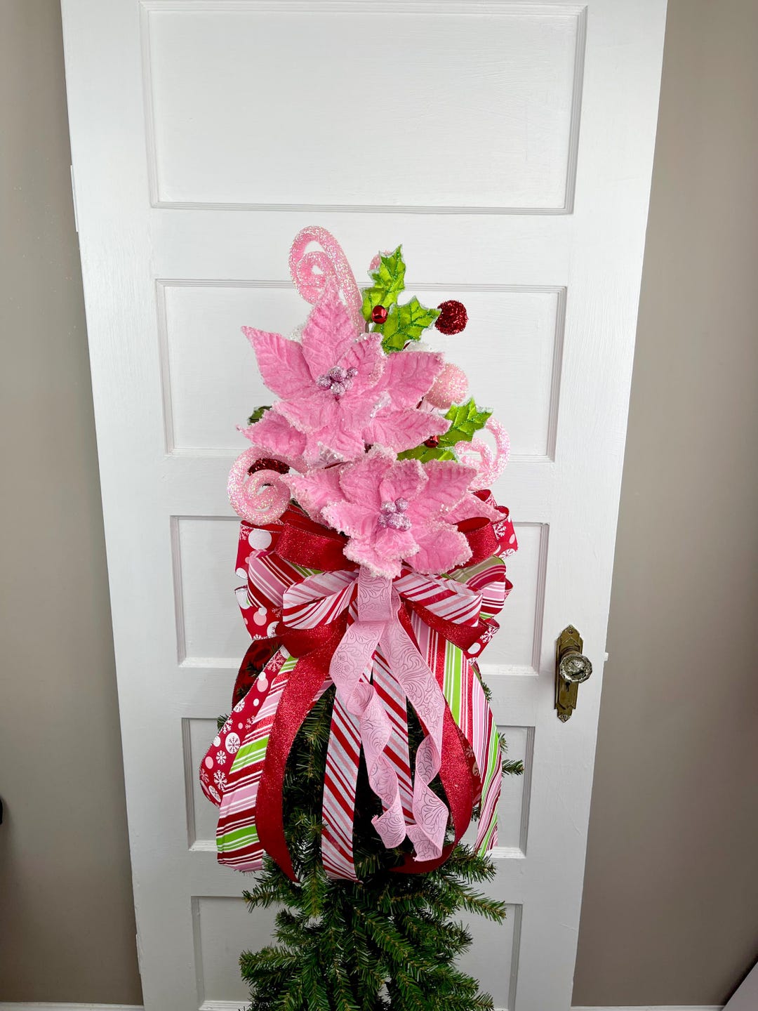 Pink Velvet Poinsettia Christmas Tree Topper With Two Bows (front and ...