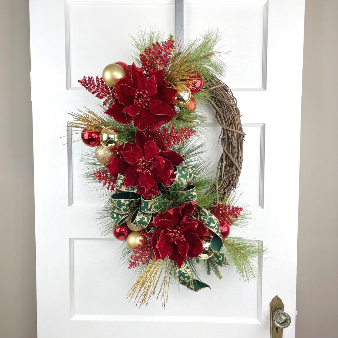 Red Velvet Poinsettia Christmas Wreath, Elegant Christmas Wreath, Red ...