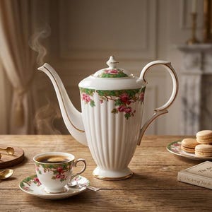May include: A white porcelain teapot and matching teacup with saucer, both featuring a green vine and pink rose floral pattern with gold trim. The teapot has a fluted body and a lid, while the teacup contains dark liquid with rising steam.