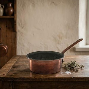 Antik finsk handgjord koppargryta liten rustik vintage eldstad kokkärl köksdekor