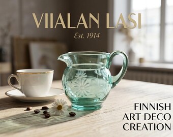 Viiala ガラス製クリーマーピッチャー ヴィンテージ フィンランド アールデコ グリーン エッチング 花柄 コーヒーミルクジャグ