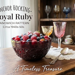 Könnte beinhalten: Eine tiefrote Anchor Hocking Royal Ruby Glasschale mit strukturiertem Sandwich-Muster, gefüllt mit frischen Himbeeren und Blaubeeren. Der Text lautet: ANCHOR HOCKING Royal Ruby SANDWICH PATTERN Circa 1940s-50s und A Timeless Treasure.