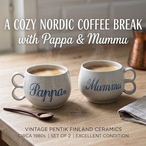 May include: Two off-white speckled ceramic mugs with double-loop handles, featuring the blue script text Pappa and Mummu. The mugs are filled with steaming coffee. The image includes the text A COZY NORDIC COFFEE BREAK with Pappa & Mummu and VINTAGE PENTIK FINLAND CERAMICS CIRCA 1980s | SET OF 2 | EXCELLENT CONDITION.