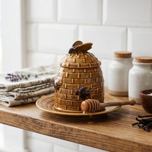 Vintage Ceramic Beehive Honey Pot With Drip Plate Skep Shaped Jar Bumblebee Finial Container