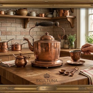 May include: A polished copper tea kettle with a dark wooden handle sits on a wooden surface alongside a matching copper sugar bowl, a teacup on a saucer, and a set of three copper measuring spoons. The text SKULTUNA EST. 1607 is visible.