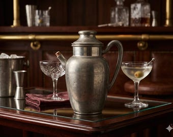 Jarra coctelera Art Déco vintage de peltre auténtico con asa, pico vertedor, colador y tapón de corcho.