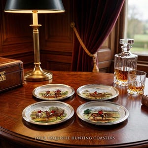 May include: A set of four round coasters featuring silver-toned metal rims and central ceramic inserts decorated with colorful illustrations of horseback riders in red hunting jackets. The text "FOUR EXQUISITE HUNTING COASTERS" is visible.