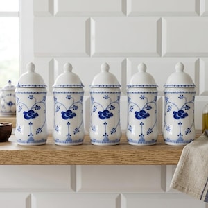 Christineholm Porcelaine Blue Onion Strawflower Spice Jars Set Vintage Kitchen Canisters Ceramic Storage Pots