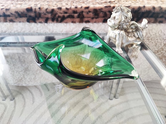 Hand Blown Art Glass Sculpture • Murano Style, Green & Gold