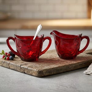 Peut inclure: Un ensemble composé de deux récipients en verre rouge profond, un sucrier à deux anses avec une cuillère en argent et un pot à lait à une anse. Les deux pièces présentent un motif de points circulaires en relief sur leurs surfaces translucides.