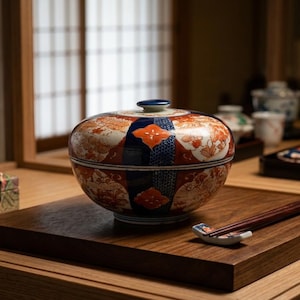 Antik japansk Imari-porslinsskål med täckning, handmålad blåröd keramikskål, vintage