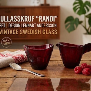 Vintage svensk Gullaskruf rött glas sockerskål gräddkanna Lennart Andersson Randi Percy