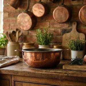 Puede incluir: Una olla redonda de cobre martillado con dos asas laterales se encuentra sobre una superficie de madera. La olla tiene un acabado metálico de color marrón rojizo y una abertura ancha. Está colocada frente a una pared de ladrillo.